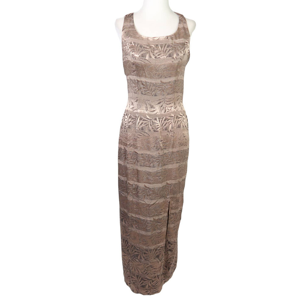 Vintage 90s tan and black metallic leaf print party maxi dress 3